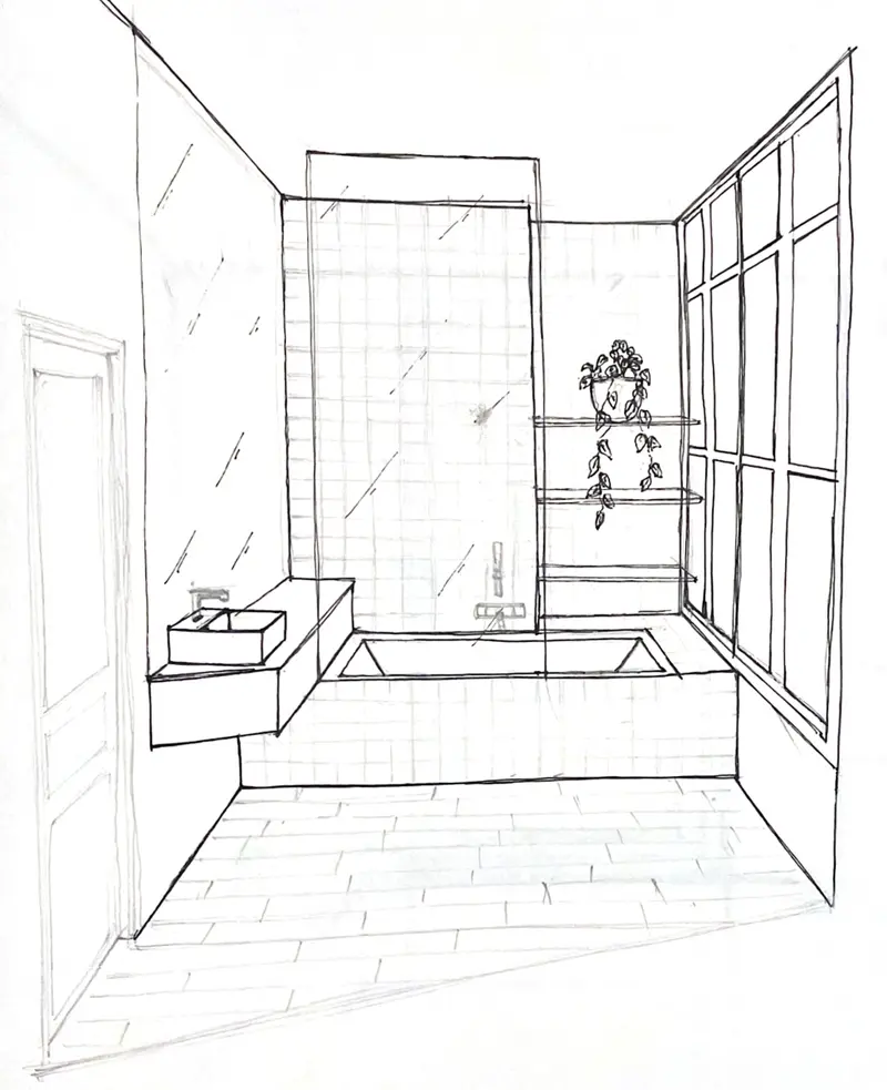Croquis de salle de bains – projet Accueillir, rénovation Reims, FAIRE Architecte