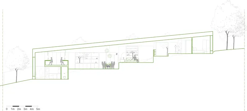 Coupe architecturale du projet Ancrer – maison neuve en pente, niveaux décalés, FAIRE Architecte